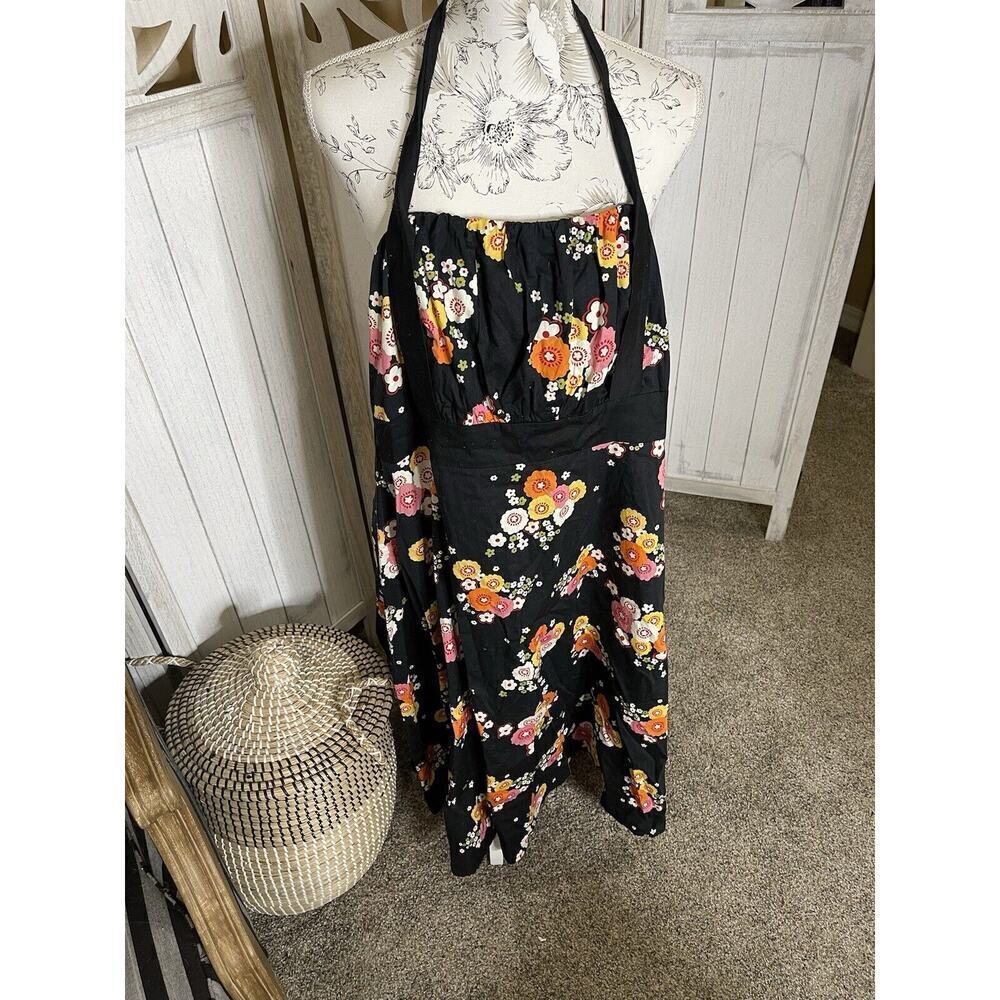 Vintage Torrid Dress Retro Black Halter Rockabilly Floral Cotton Size 20